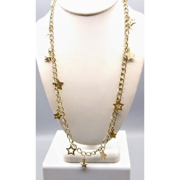 Distressed Vintage Curb Link Necklace with Dangling Star Charms, Silver Tone Gru - Picture 1 of 4